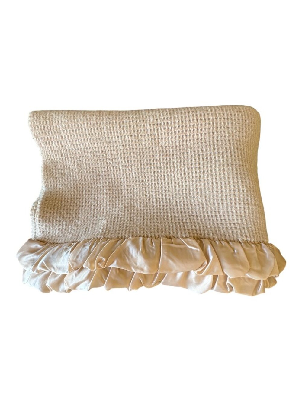 Vtg Pendleton Waffle Weave Wool Blanket Satin Trim Champagne Beige Throw 42x60